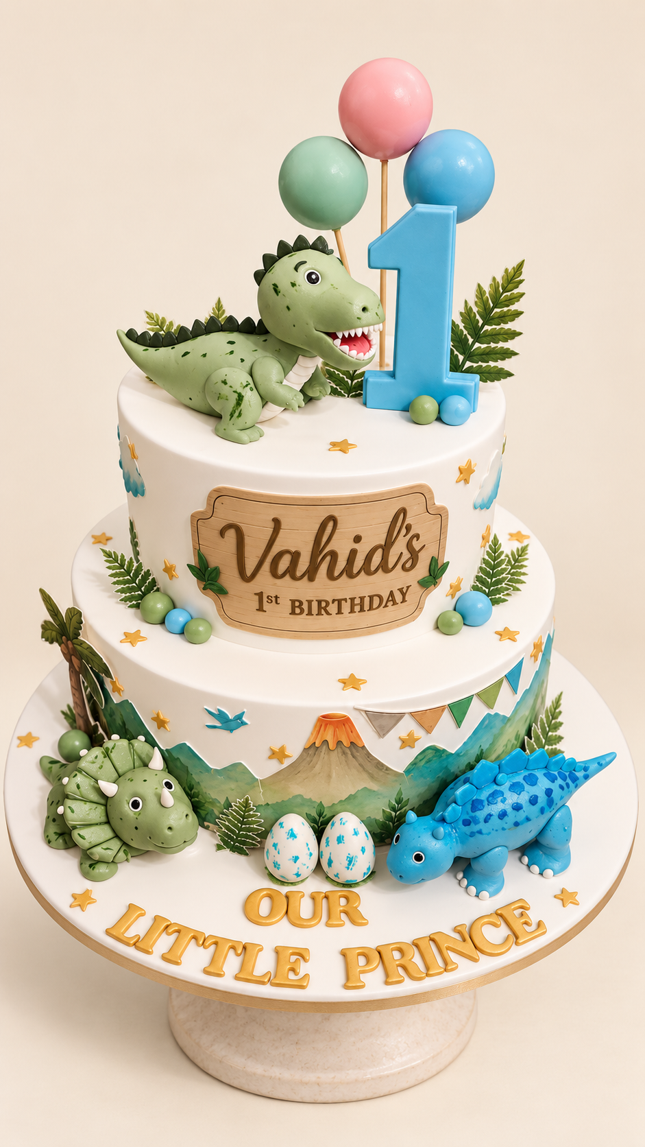 Pastel dinosaur celebration cake from the Nirankari Bakery catalogue